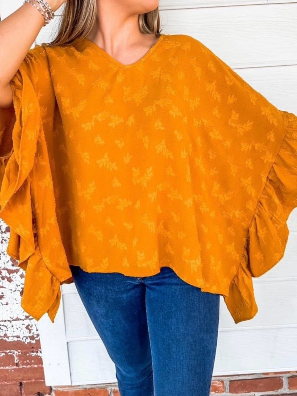 Fantastic Fawn Mustard Ruffle Sleeve V-Neck Top oversized